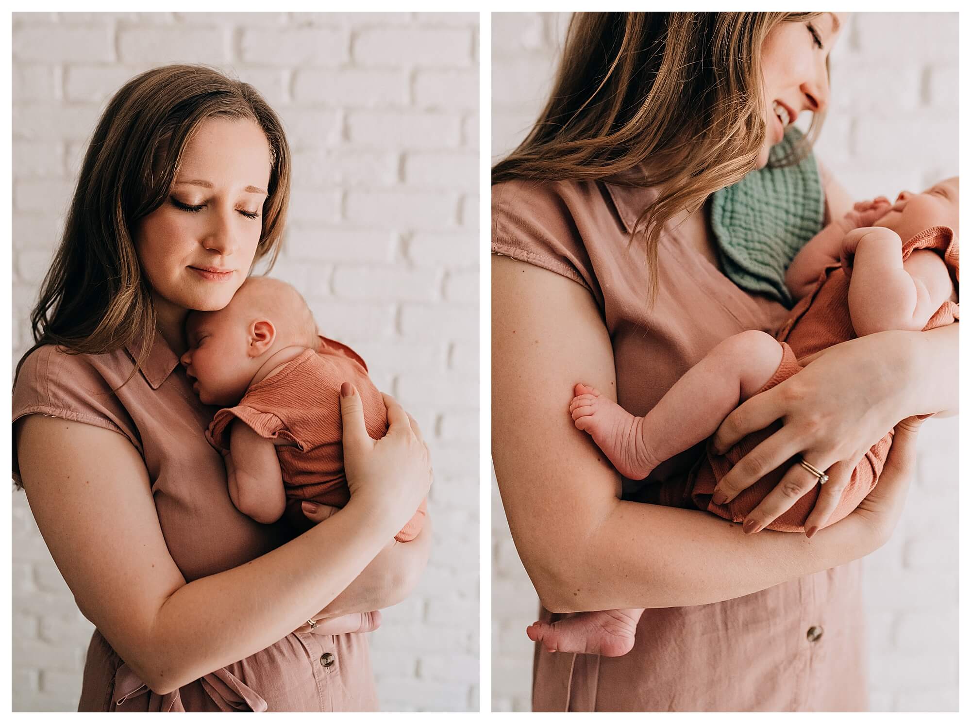 side by side images of a mother holding her newborn daughter during her newborn session with cape cod family photographer, Allison Wolf