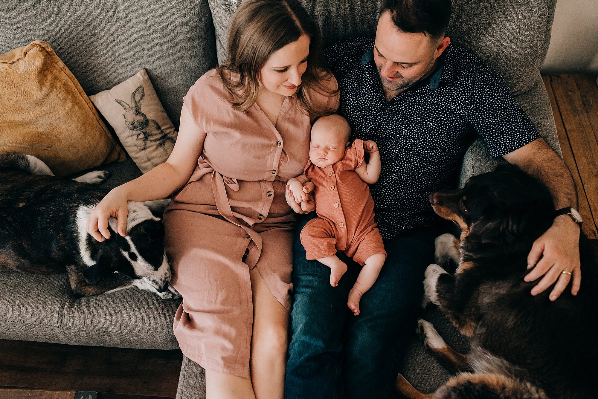 A mother and father snuggle together on the couch with their newborn daughter and their dogs