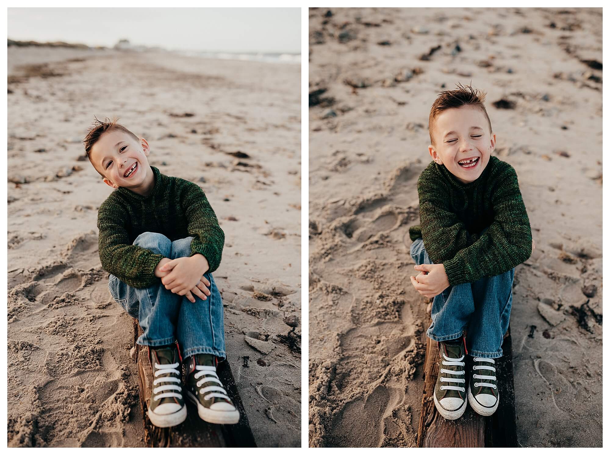 side by side images of a young boy smiling and laughing on the beach