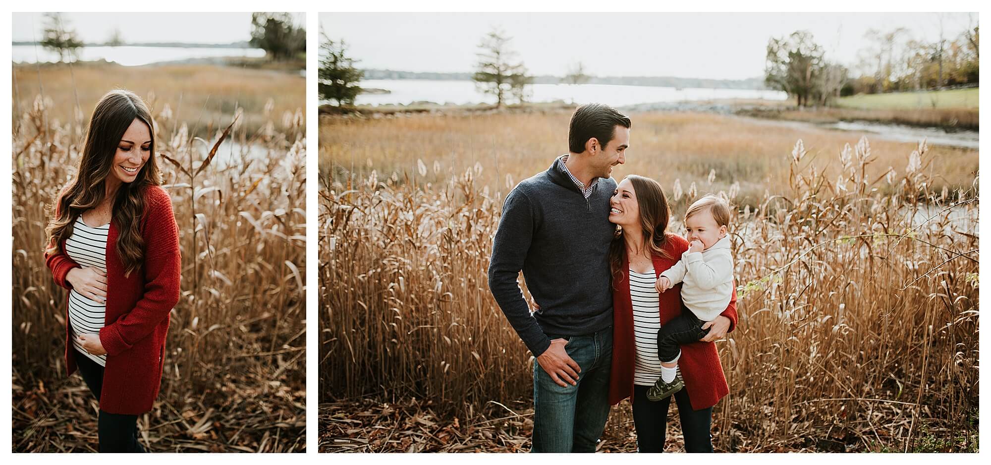 two images side by side of a pregnant woman, one by herself standing next to some reeds wearing clothes from maternity stores in Boston, and the other with her husband and toddler son