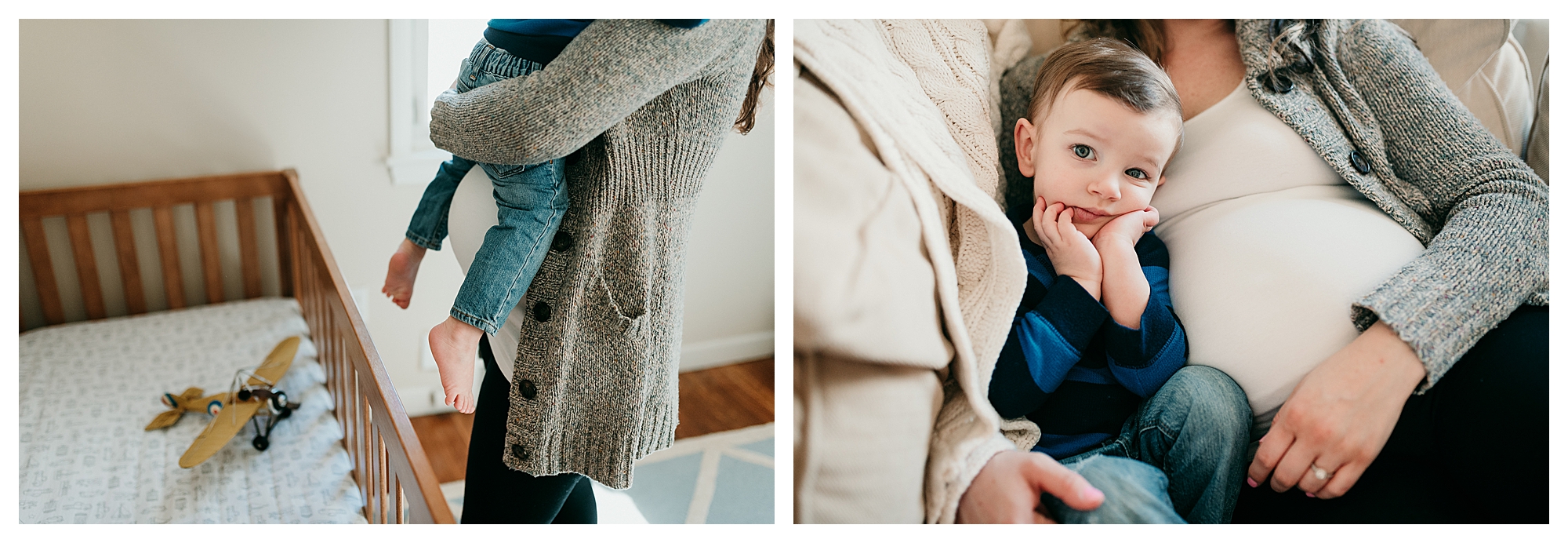 two images of a pregnant mother and her oldest son, she is wearing clothes from maternity stores in Boston