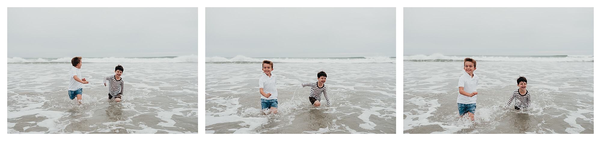 three images side by side of two young boys running away from a wave in the ocean