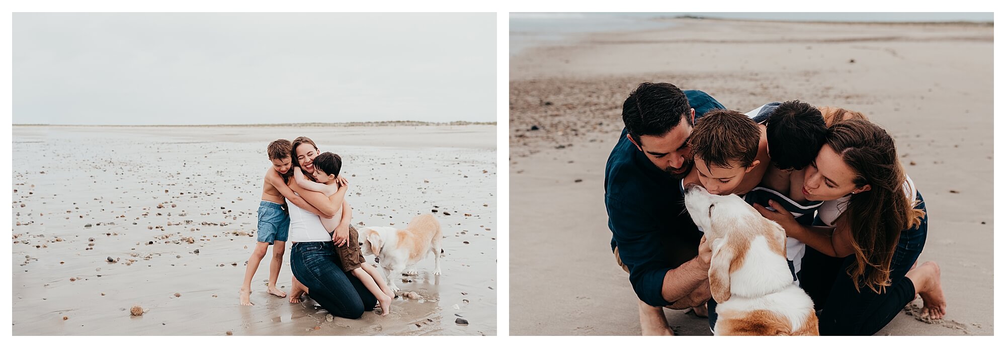 two images side by side, one of a mother being hugged by her sons at the beach and the other of the family giving their family dog a kiss