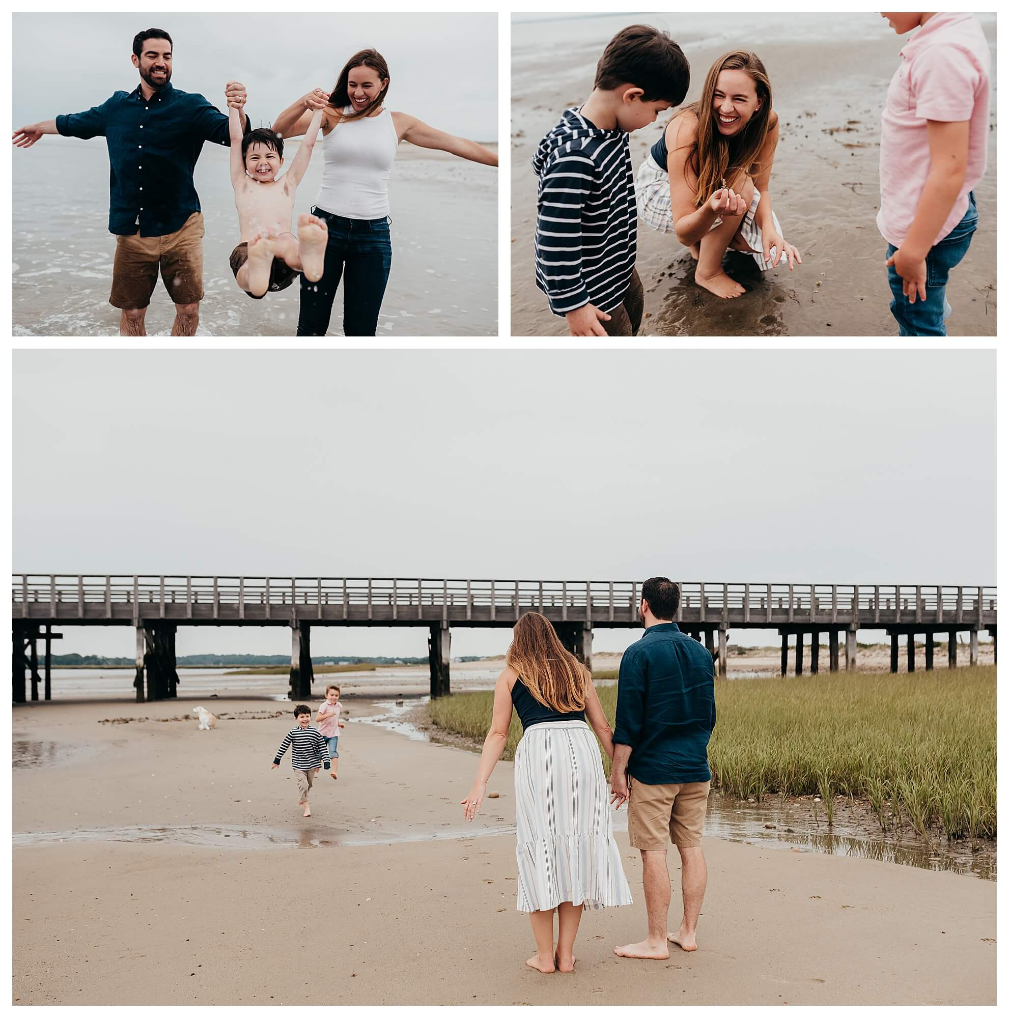 three images of a family at a beach having stress free family pictures