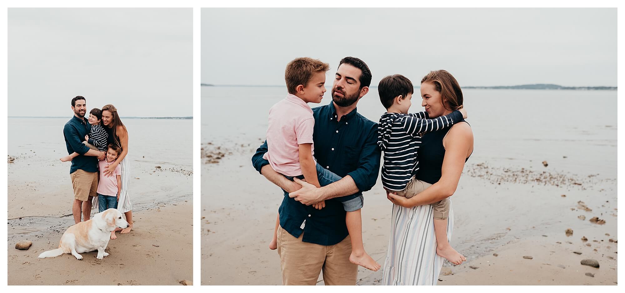 two family portraits at duxbury beach of a family having stress free family pictures