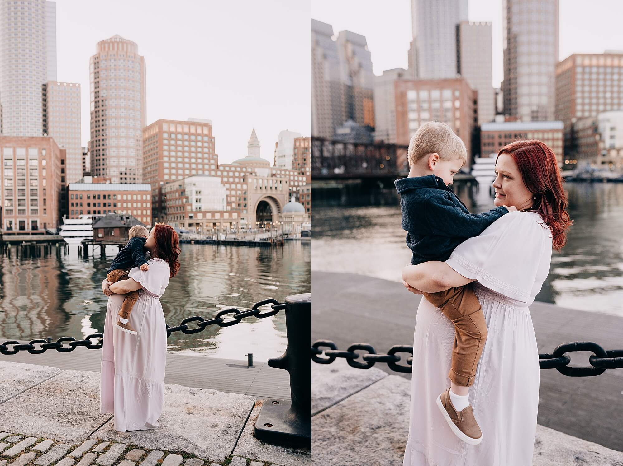 Two images of a pregnant mother holding her young son at the seaport in Boston