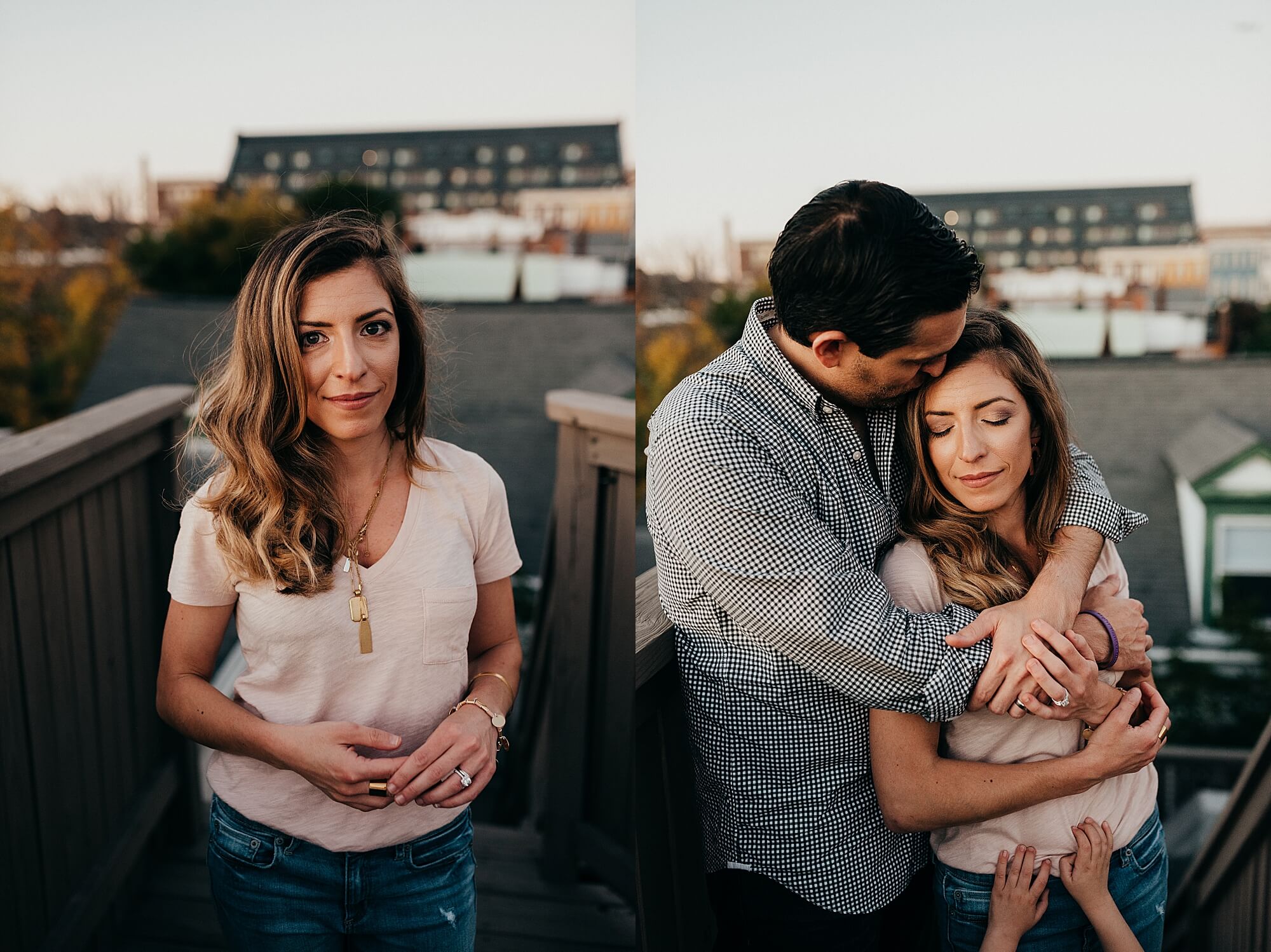 Two images of a mother on a rooftop in Charlestown MA