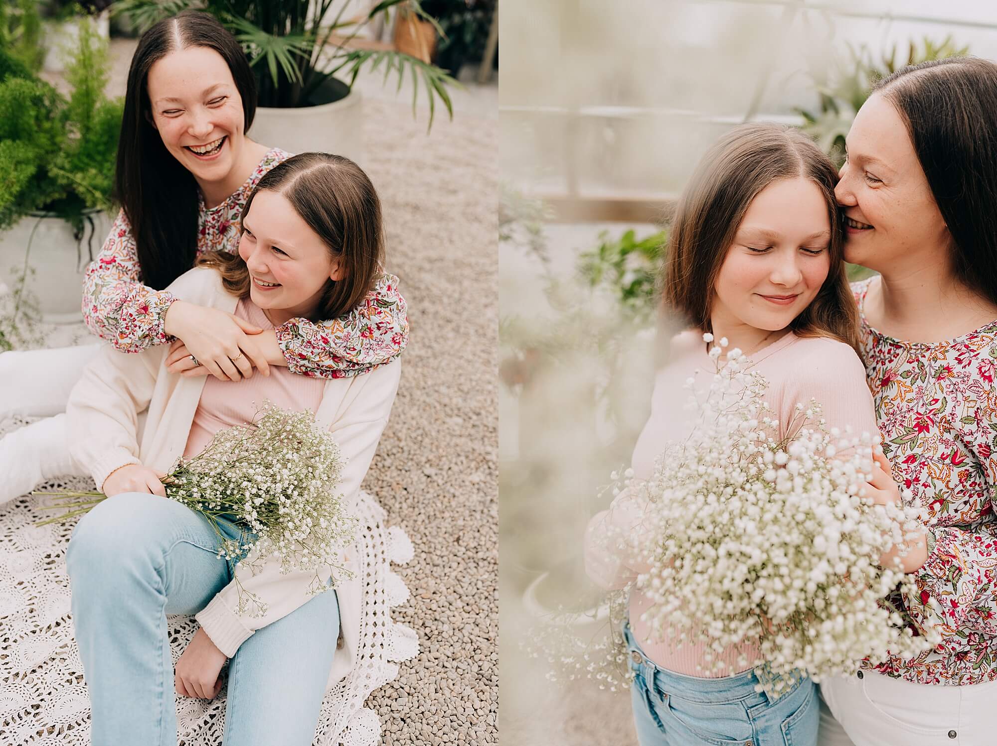 A mother and her preteen daughter in a greenhouse