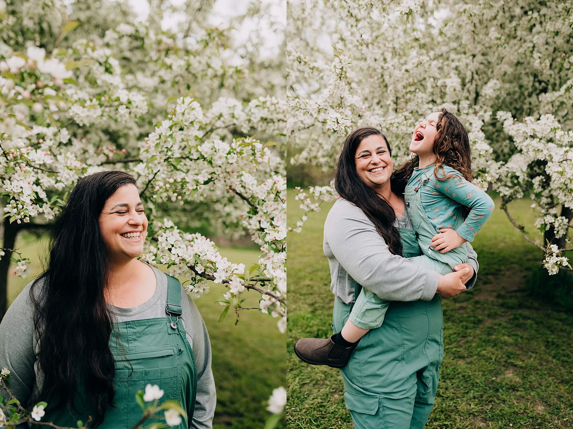 Two images of a mother near a blossoming tree, in one she holds her daughter, they are wearing matching green overalls