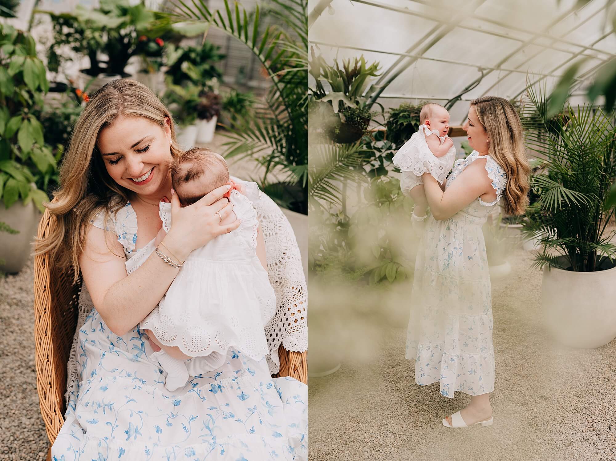 Two images of a mother holding her young daughter in a greenhouse in Scituate