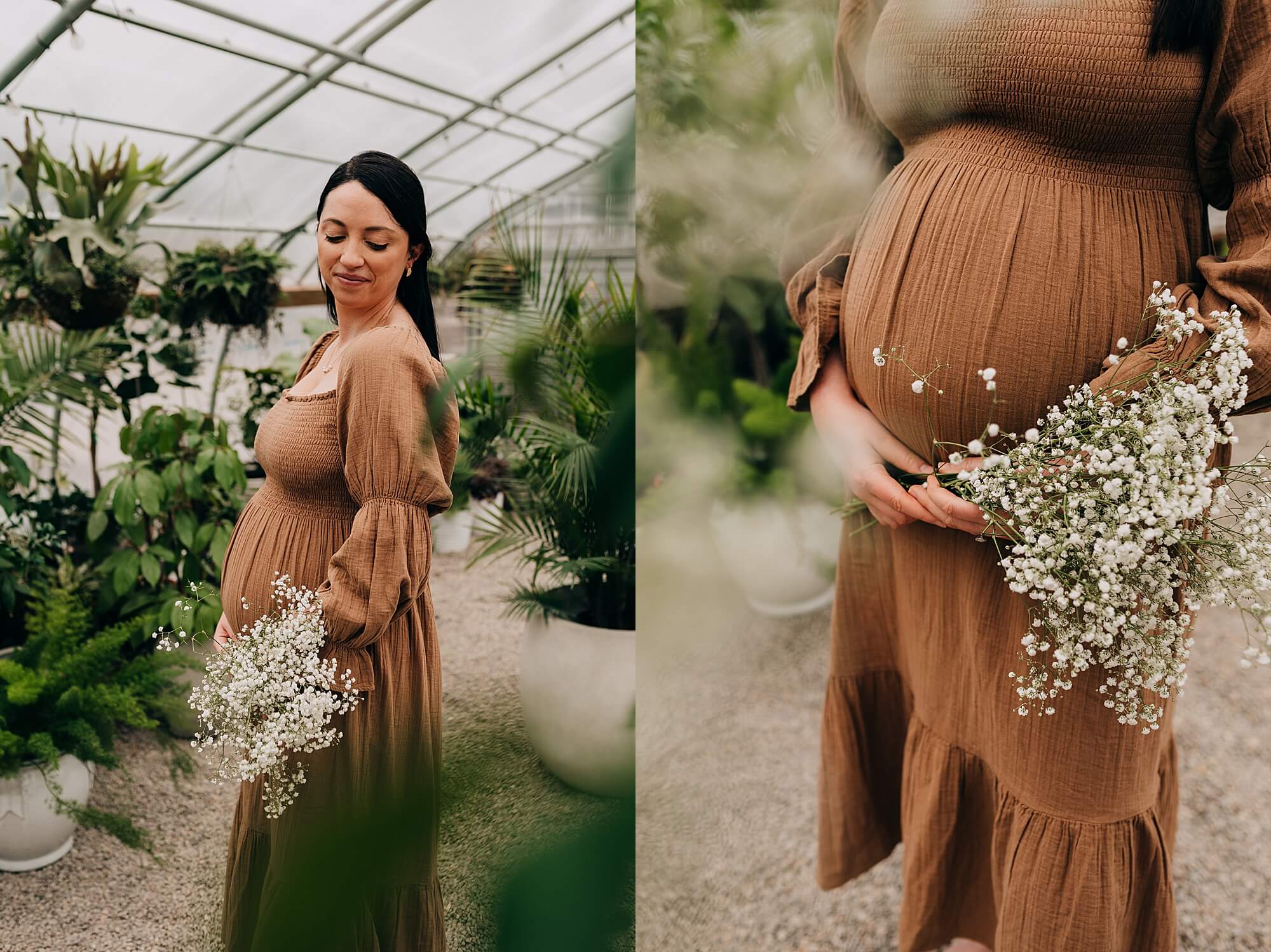 Two images of a pregnant mother in Scituate at a greenhouse