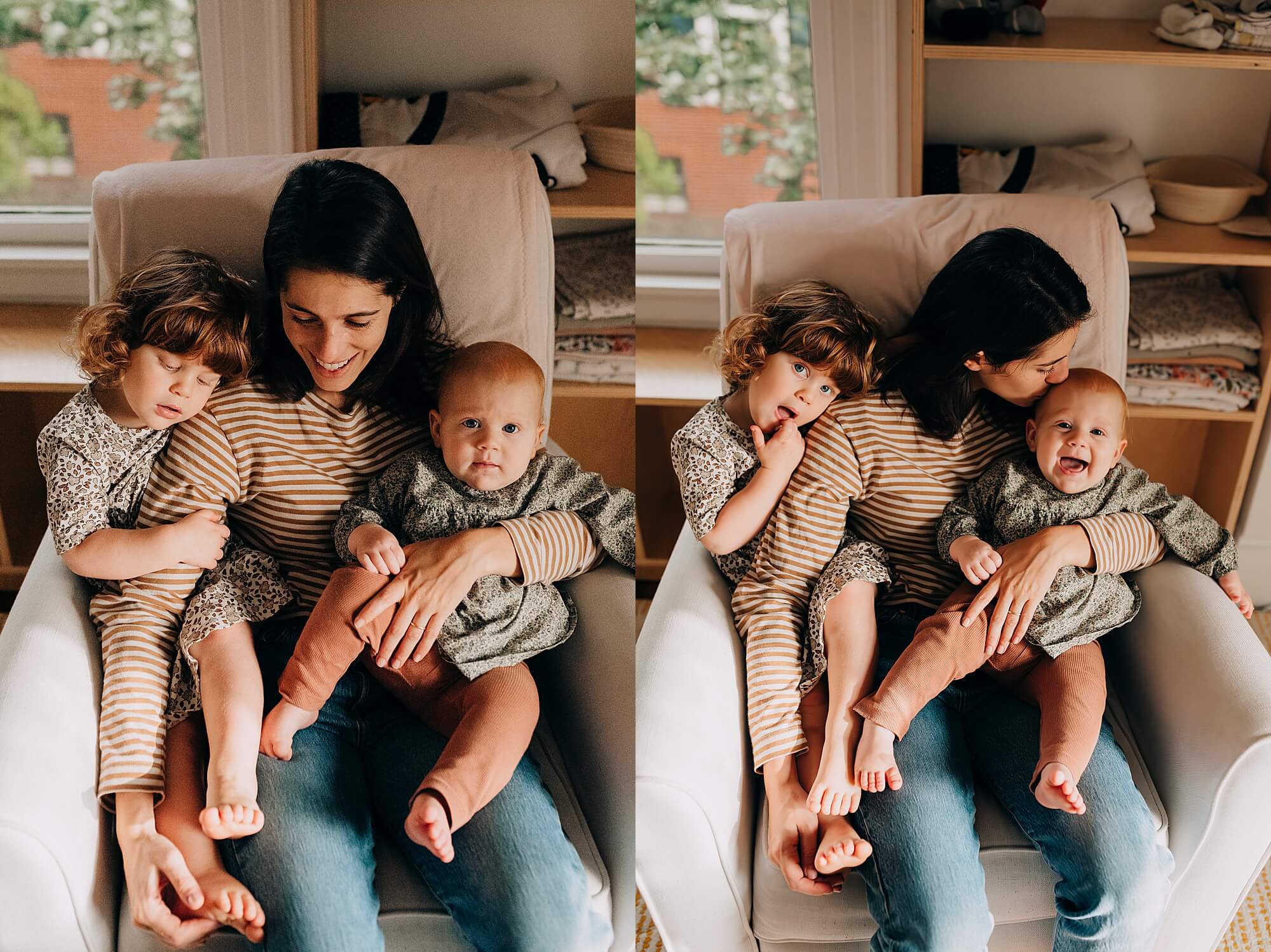 Two images of a mother snuggling her daughters in their nursery