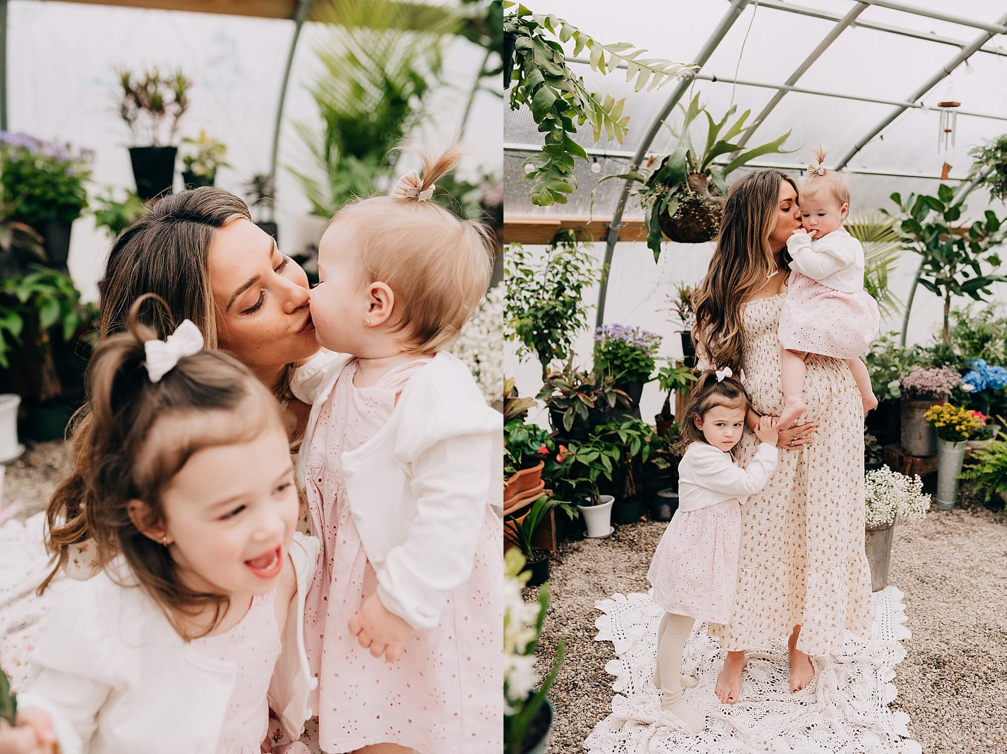 Two images of a mother and her young daughters in a greenhouse