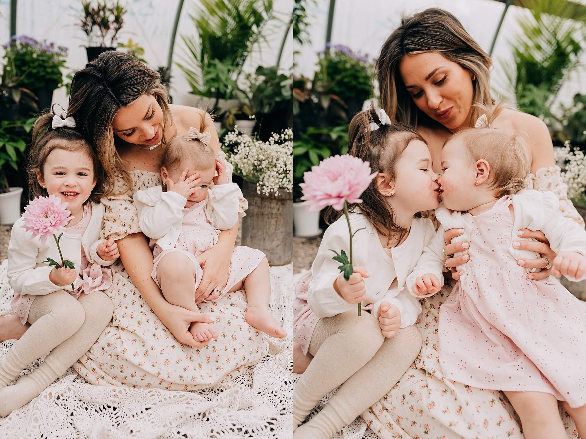 Side by side images of a mother with her two daughters sitting in a greenhouse during their session with Scituate Photographer, Allison Wolf