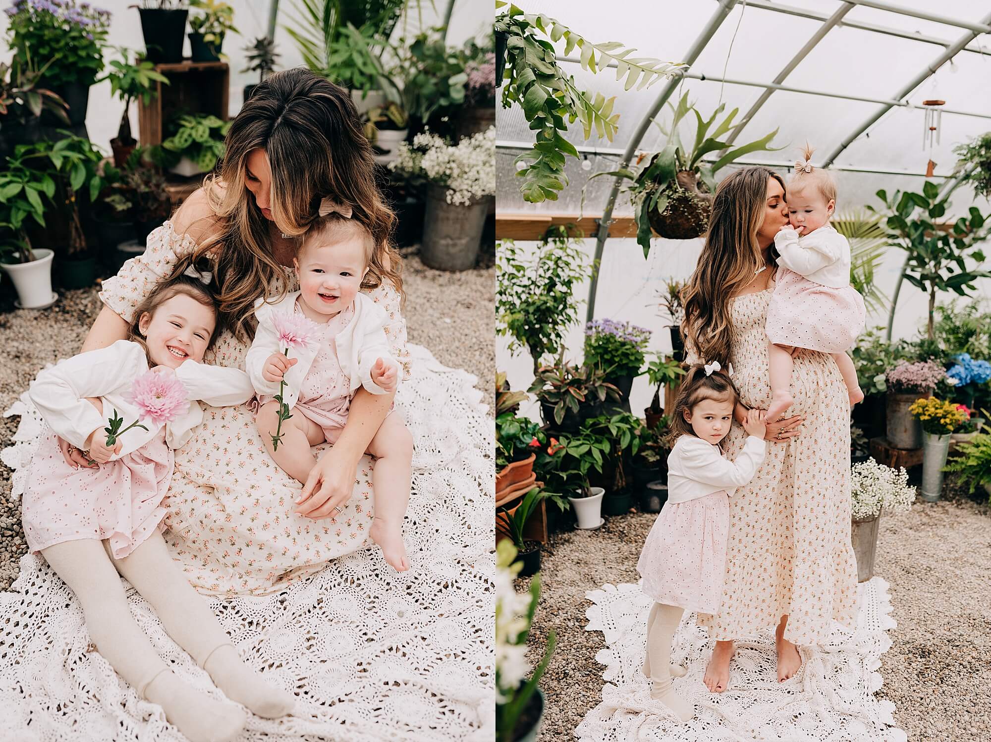 Side by side images of a pregnant mother and her two daughters. They are standing and snuggling in a greenhouse