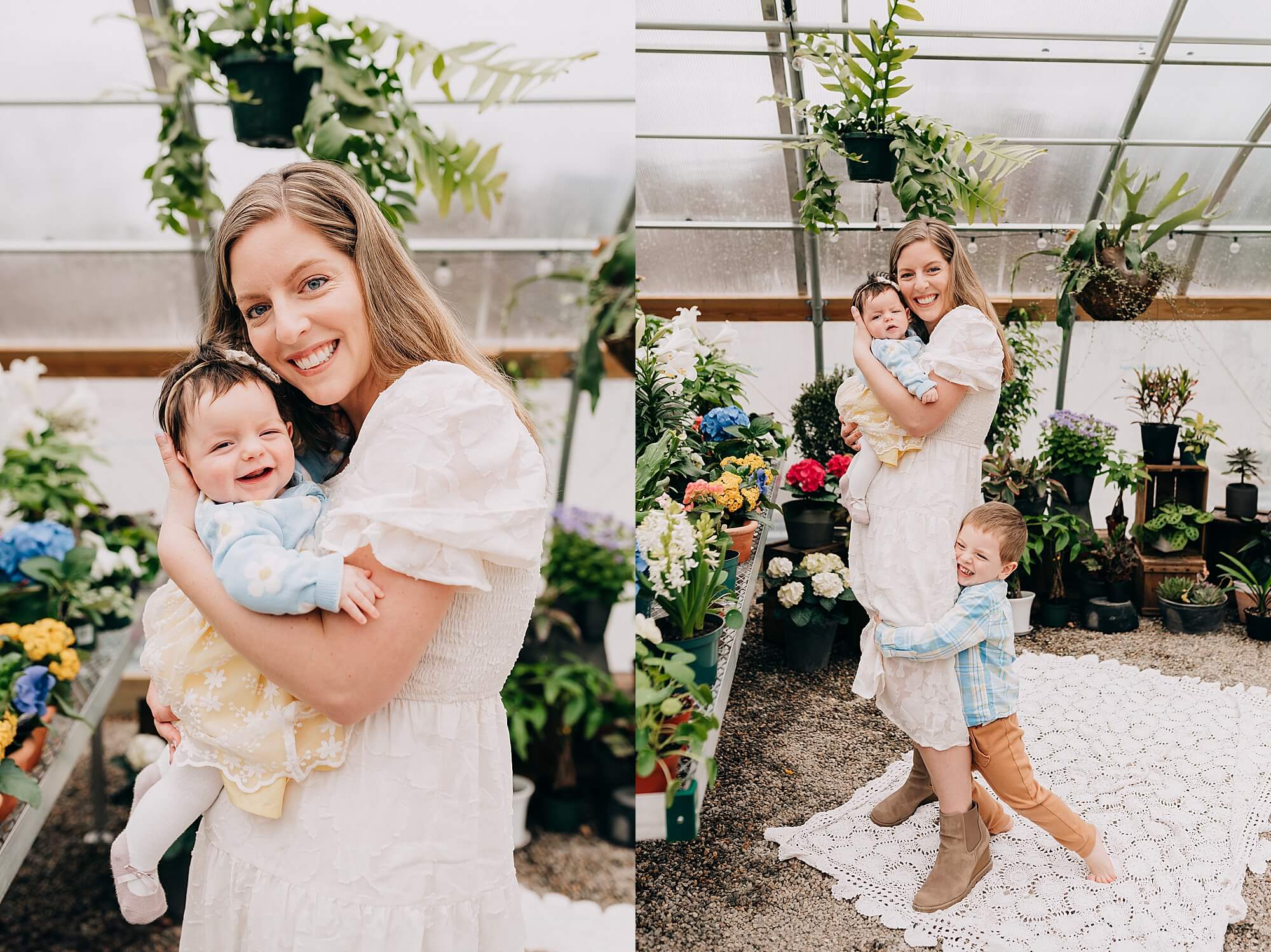 Side by side images of a mother and her young children in a greenhouse during a mini session with their Scituate Photographer, Allison Wolf