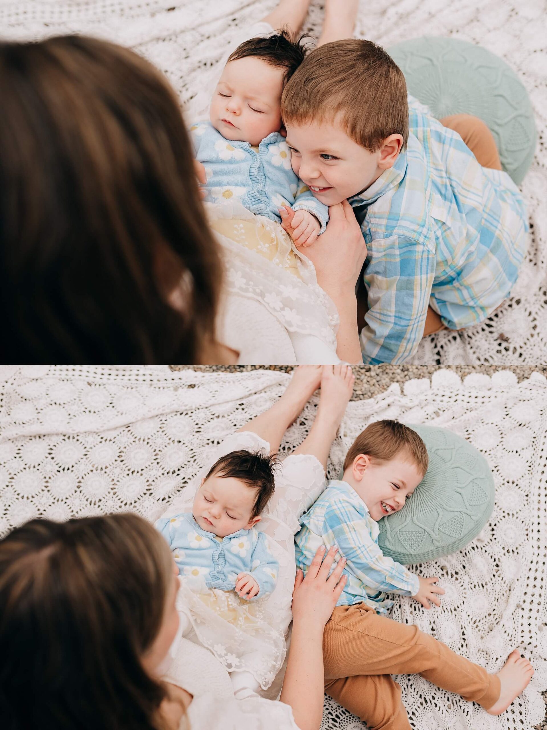 Two images of a mother holding her children in her lap in a green house