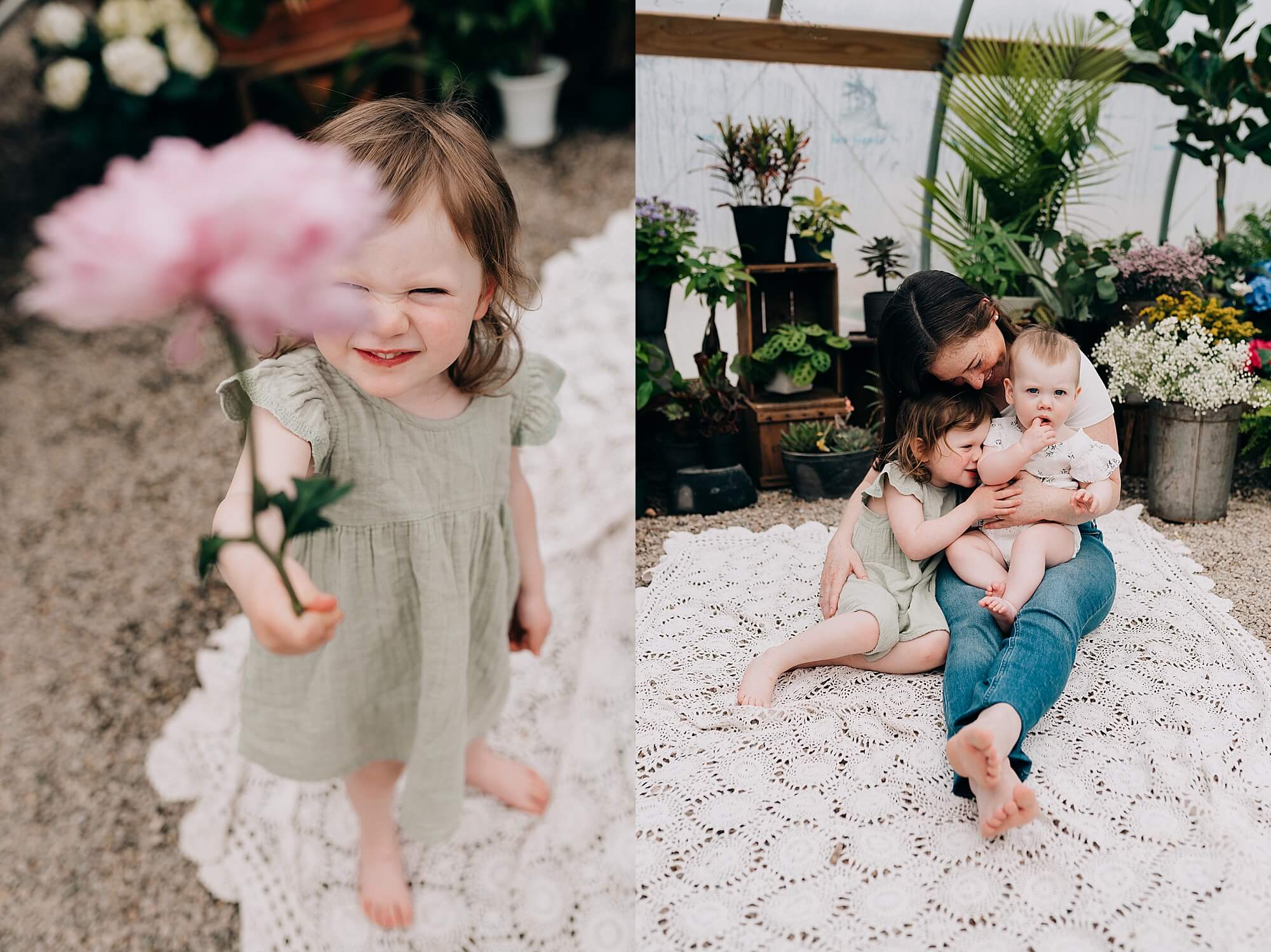 side by side images of a mother and her young daughters. In one they snuggle on a blanket and in the other her oldest daughter holds up a pink flower to the camera