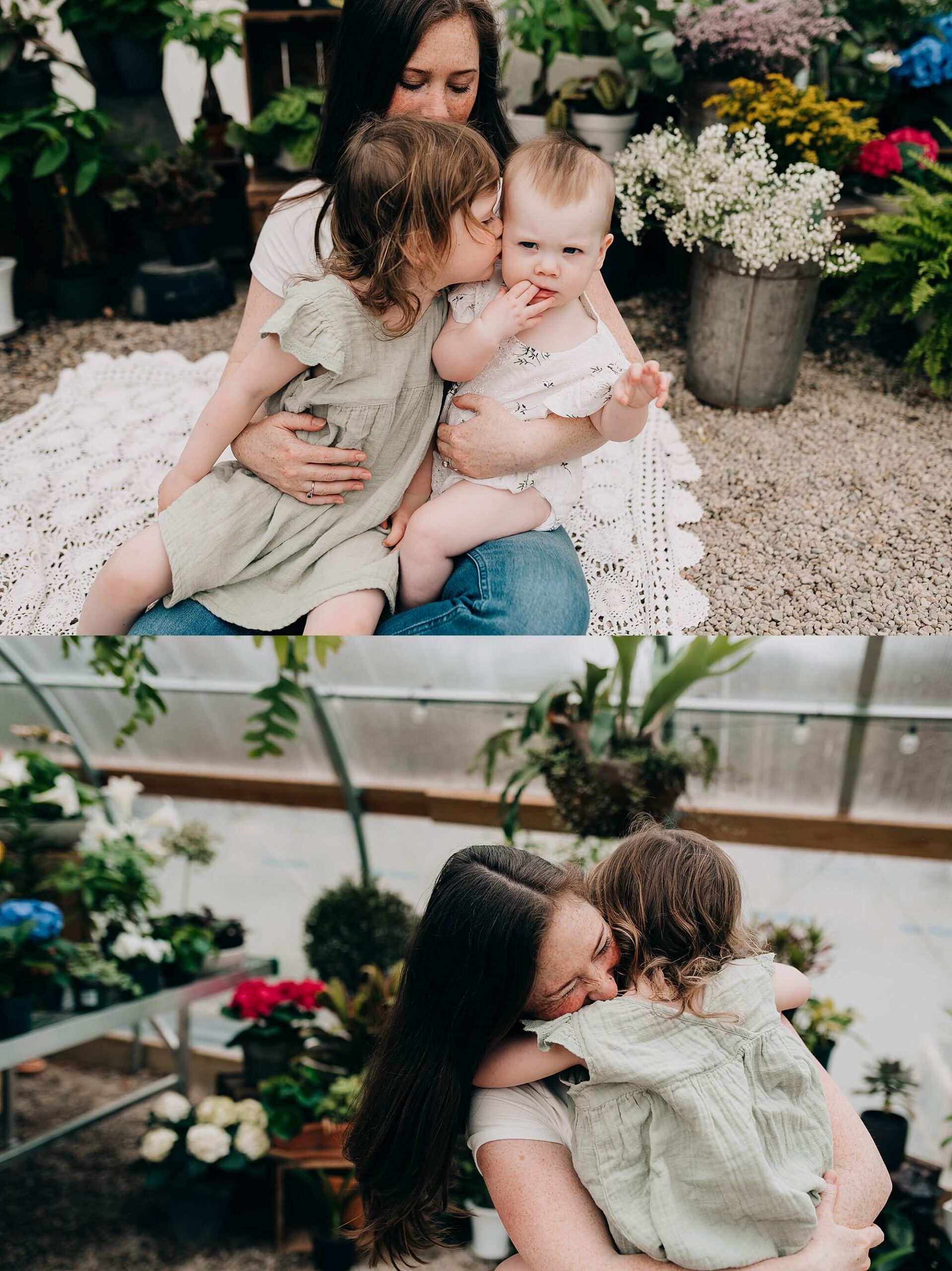 Two images of a mother and her daughters in a green house