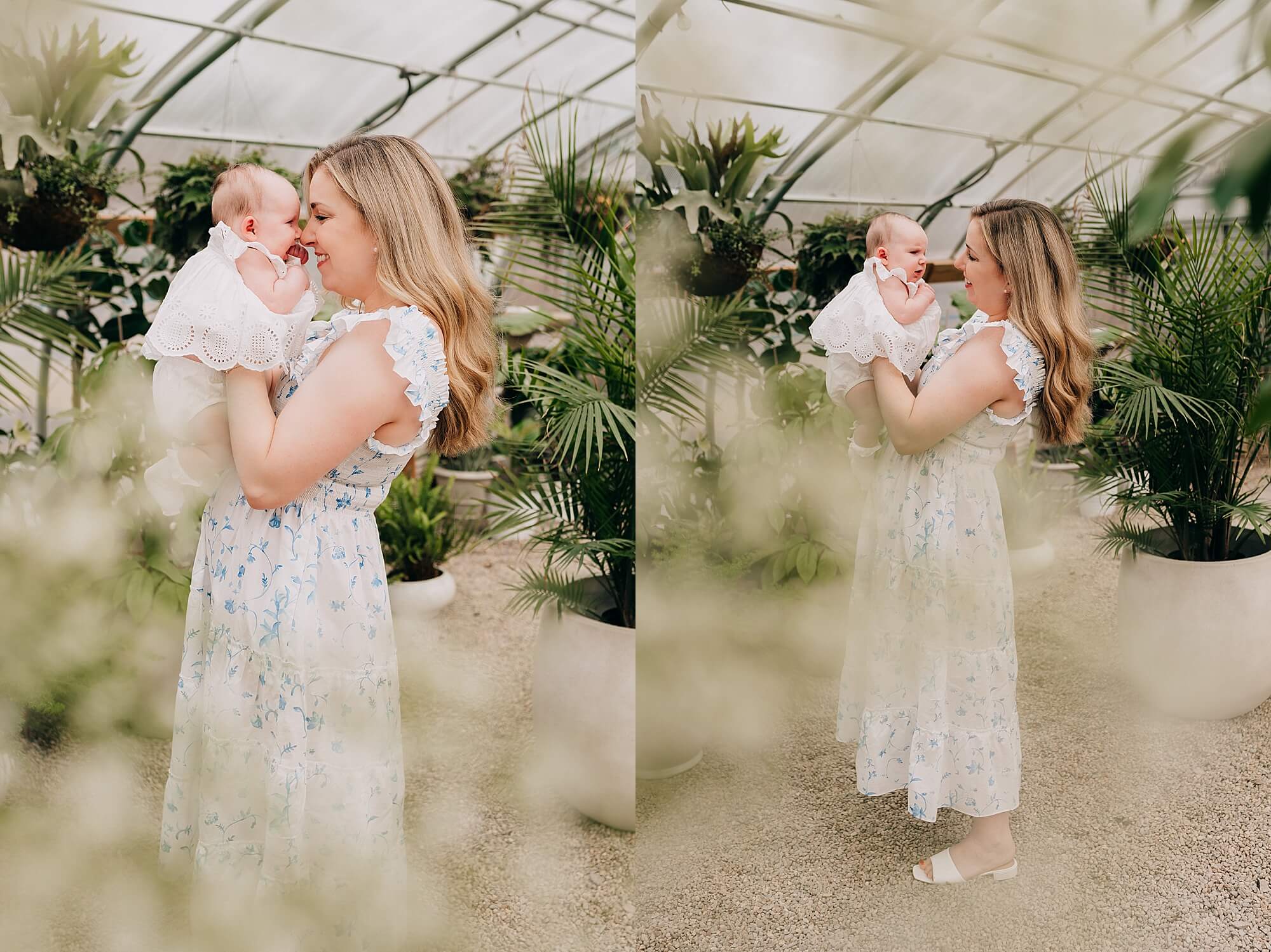 side by side images of a mother wearing a blue nap dress holding her young daughter in a green house during their mini session with Scituate photographer, Allison Wolf.