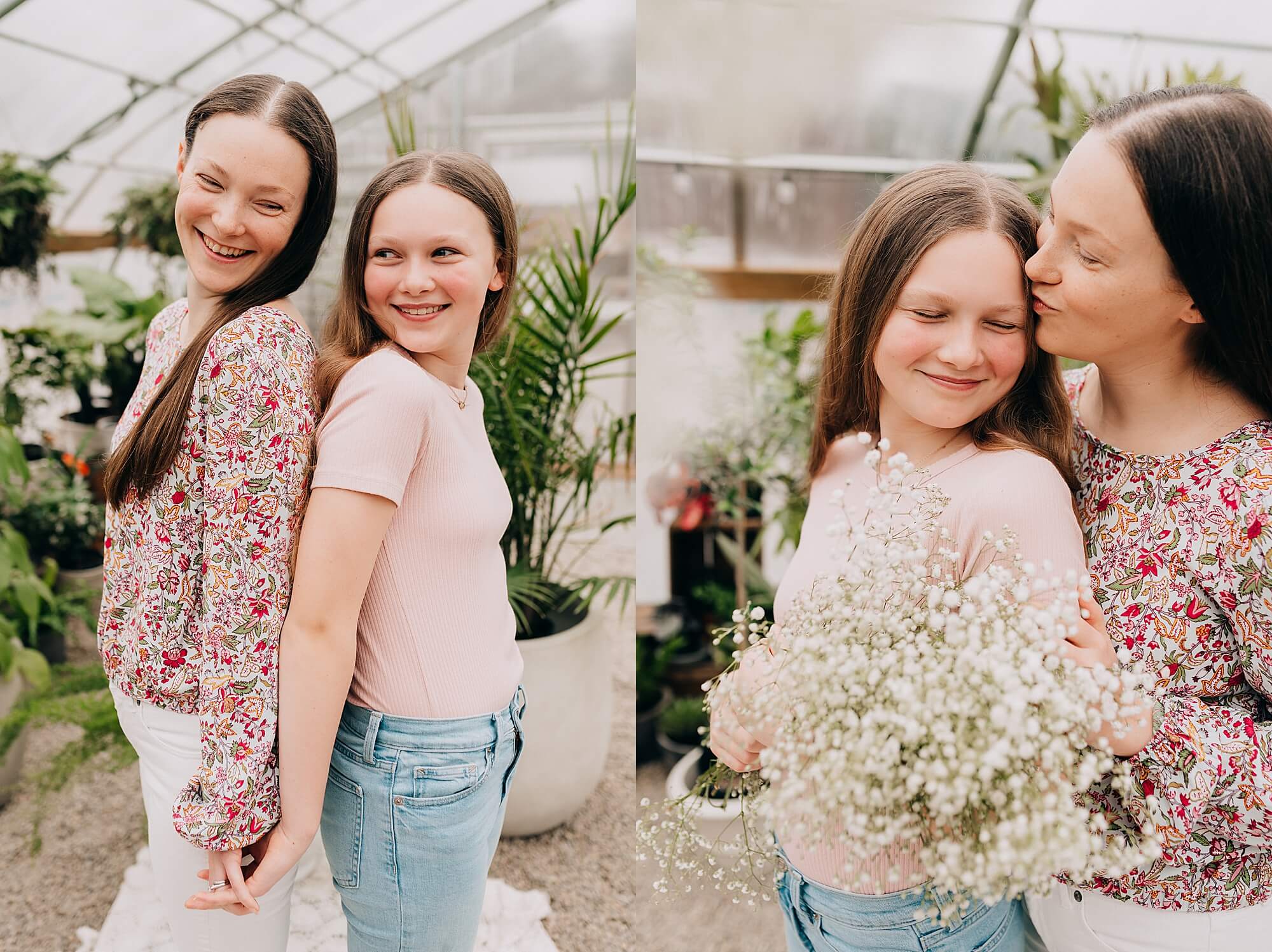 Side by side images of a mother with her teenage daughter in a greenhouse during their mini session with Scituate Photographer, Allison Wolf.