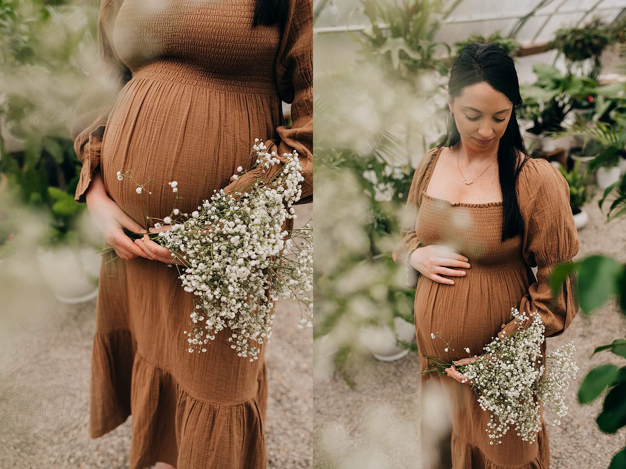 side by side images of a pregnant mother wearing a beautiful brown dress and holding baby's breath flowers