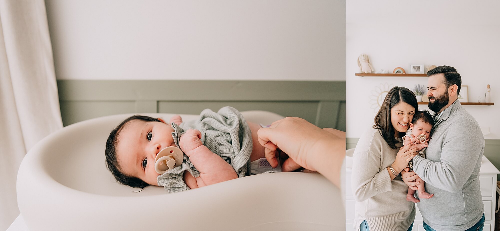 Boston newborn photographer Allison Wolf captures a cozy in-home session with first-time parents holding their baby and a sweet detail of the newborn on the changing table.