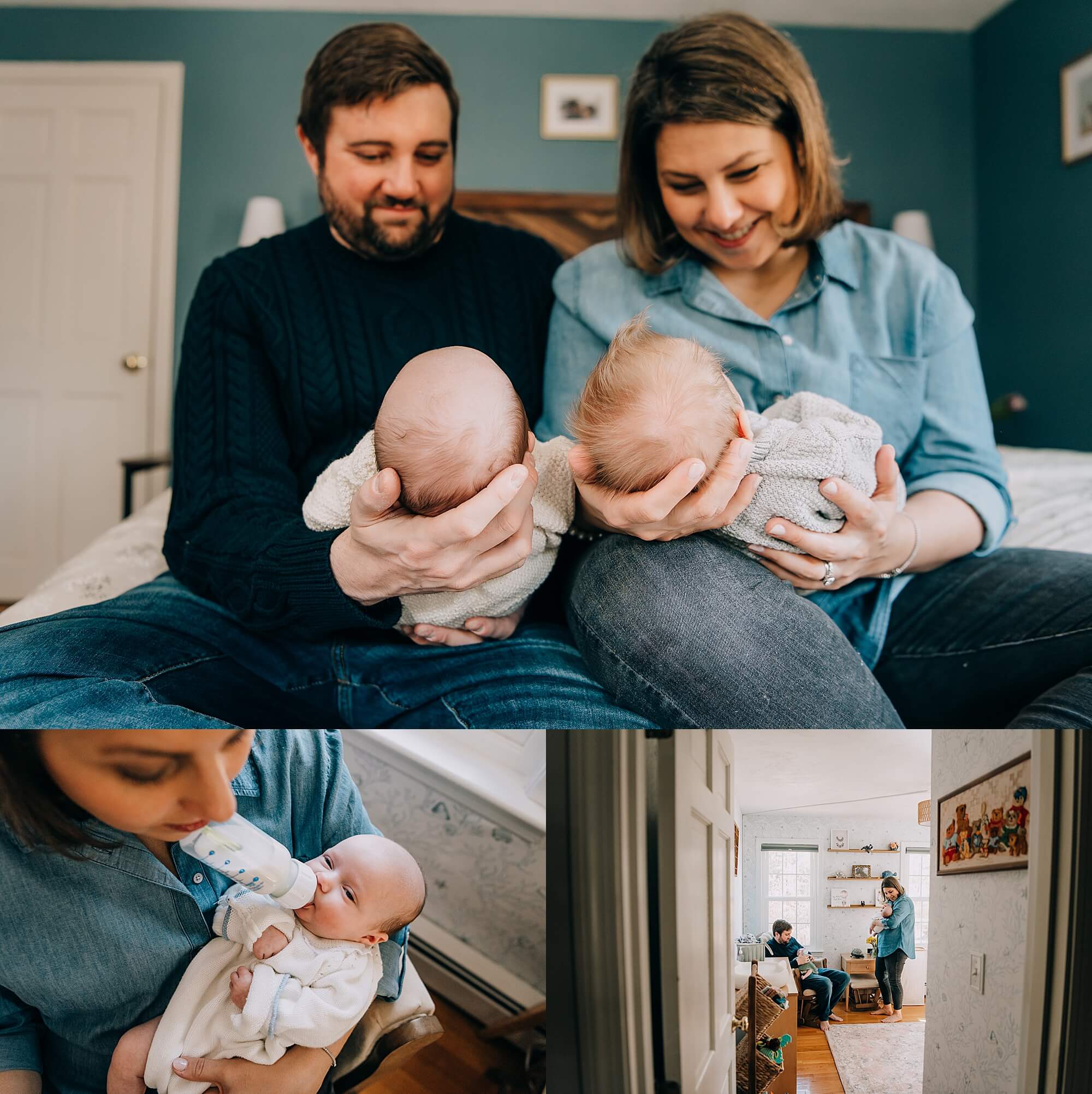 Parents of twins loving on their daughters during their session with Allison Wolf, Boston Newborn Photographer