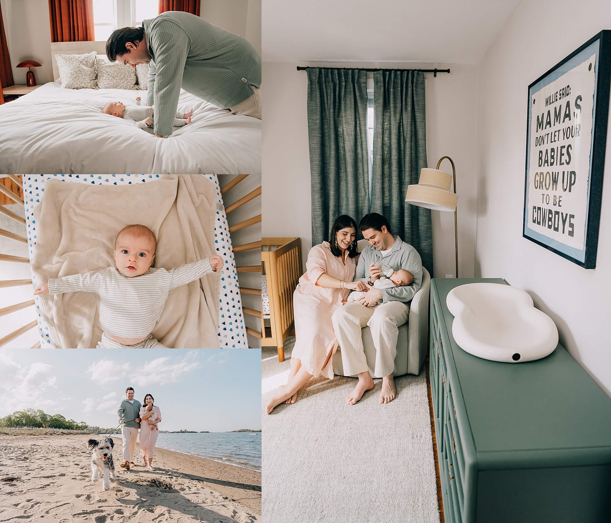 A young couple with their newborn son in their sunny home and on the beach during their session with Boston Newborn Photographer, Allison Wolf