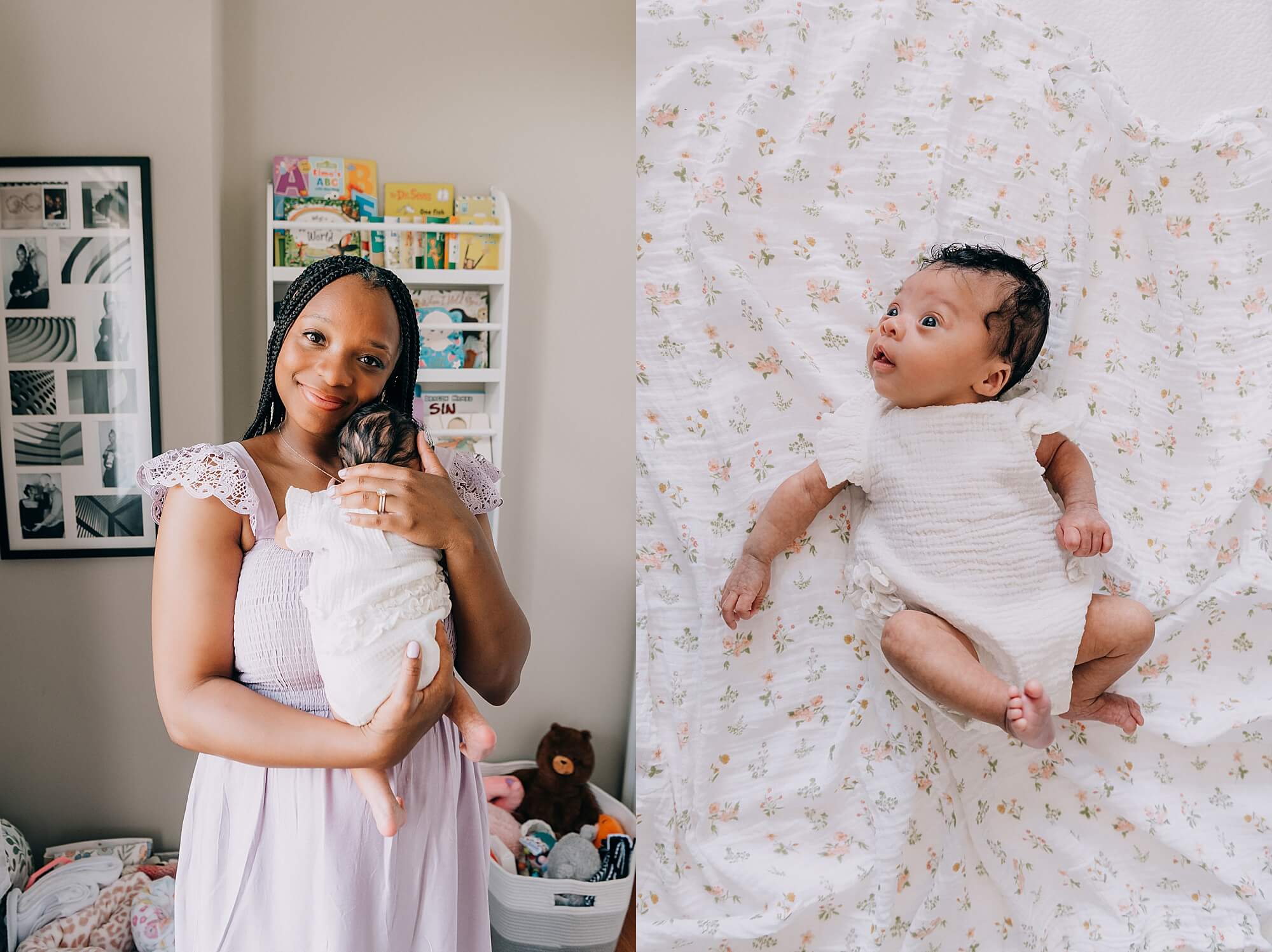 A beautiful mother holds her newborn baby in her sunny nursery