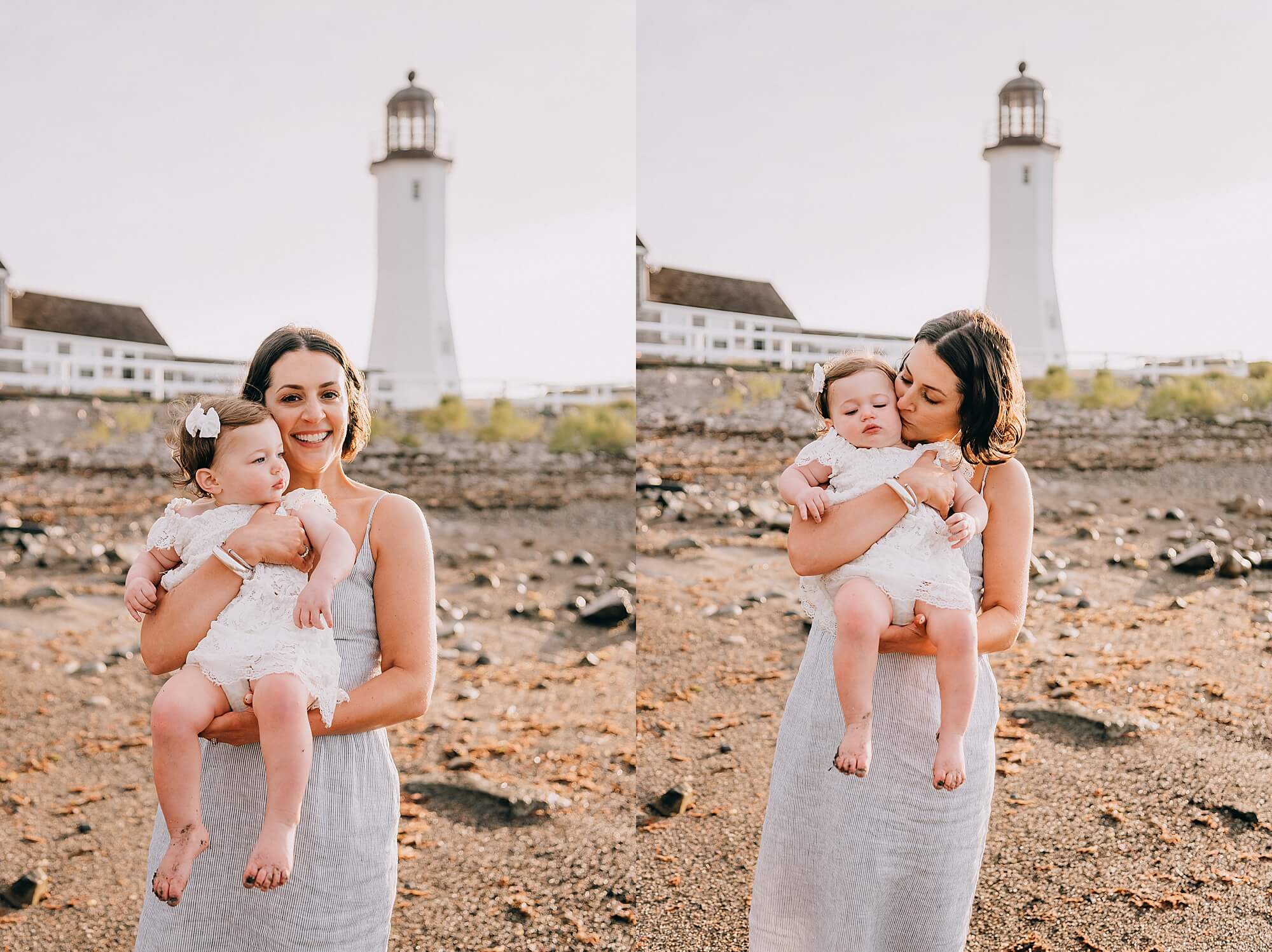Mother holding her toddler with Scituate Lighthouse in the background