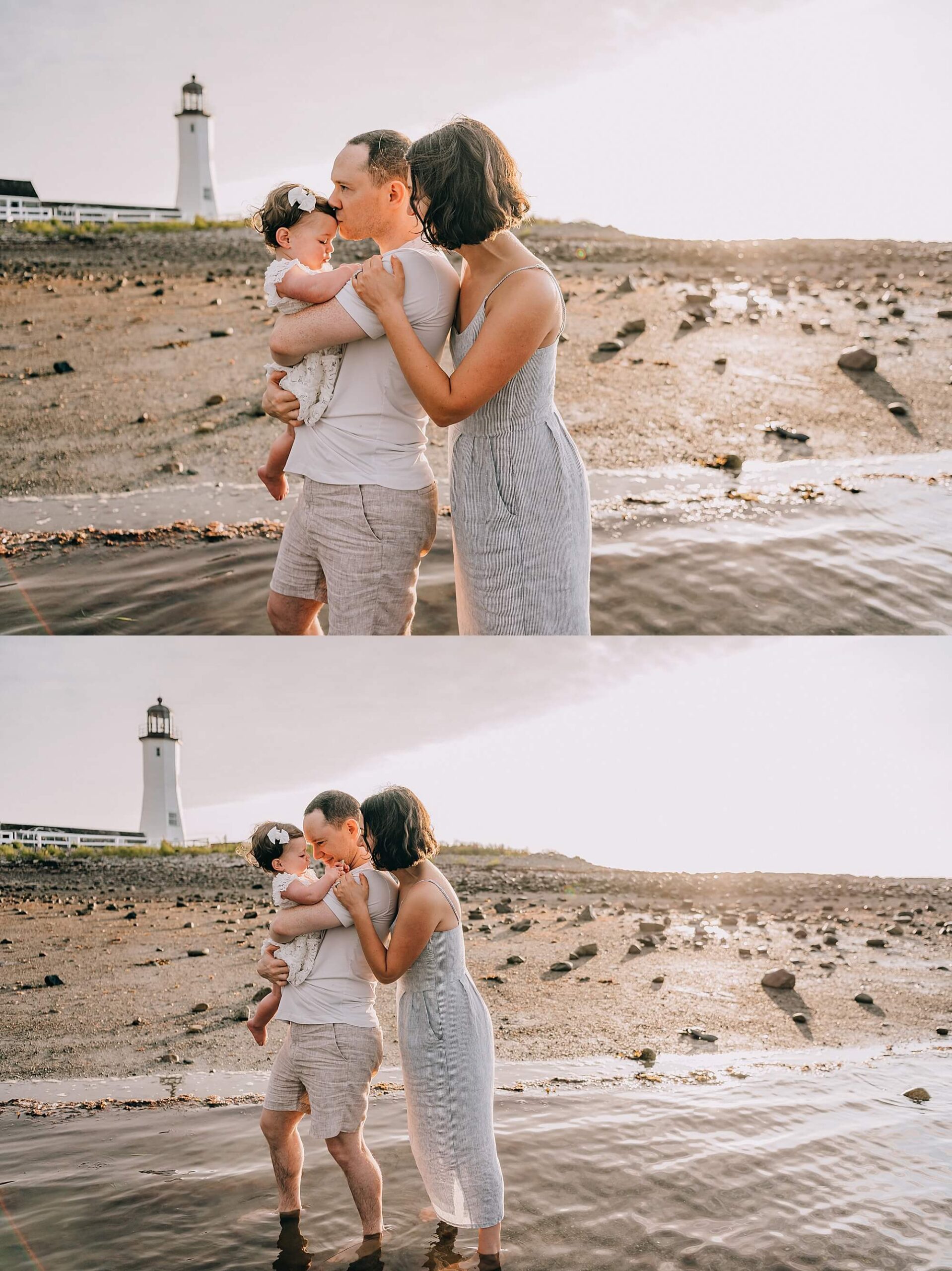 Young family at Sunrise at Scituate Lighthouse with Allison Wolf Photography