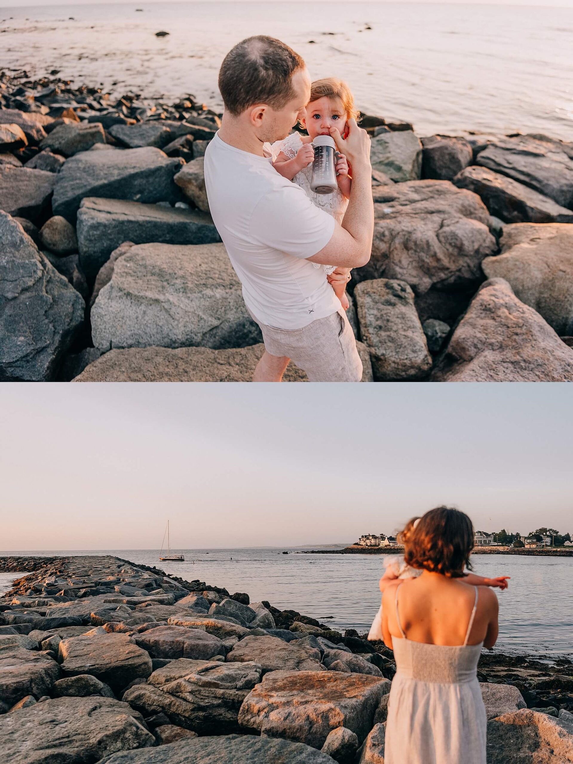 Family comforting their toddler by the ocean