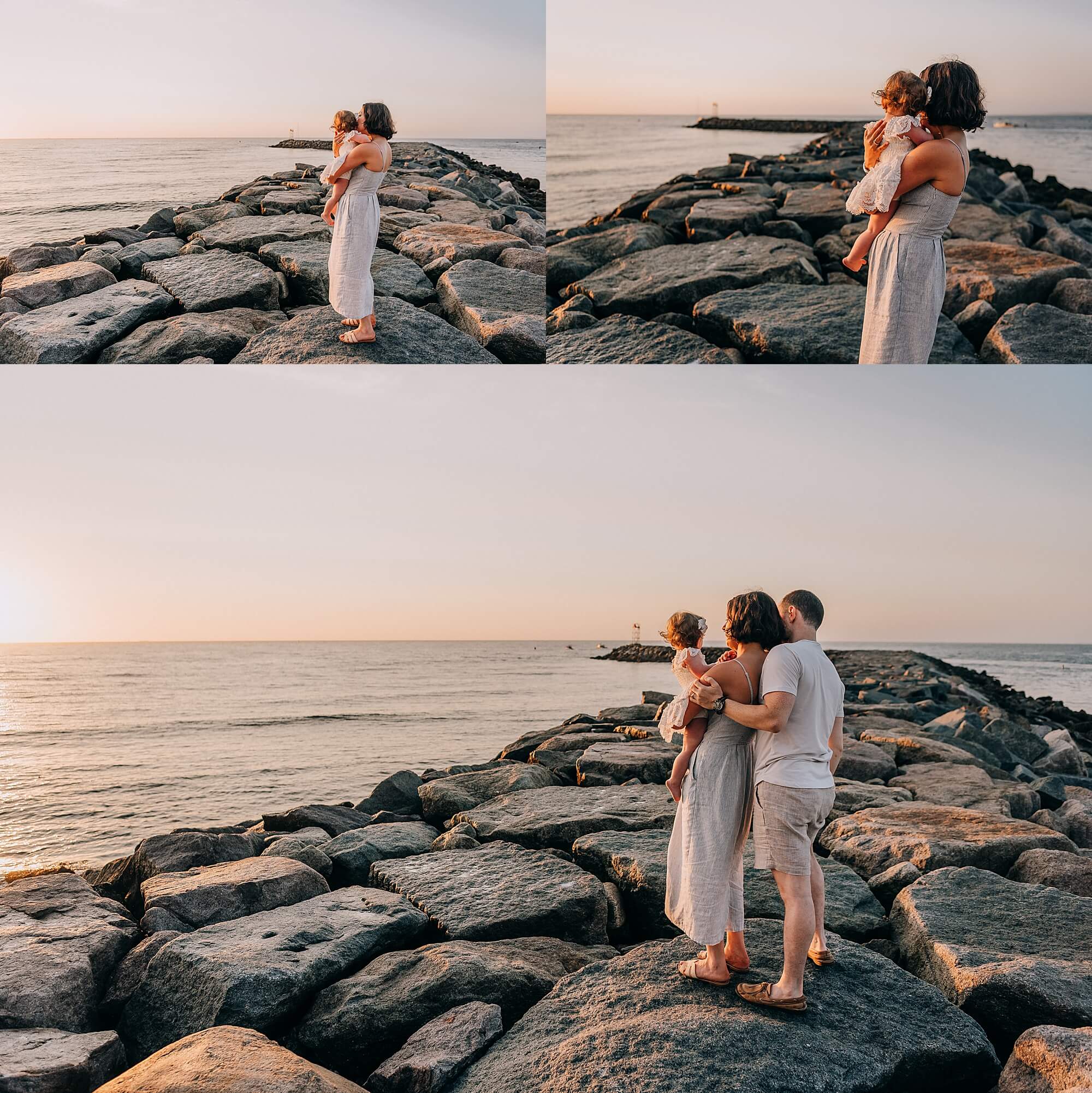 Family exploring the rocks at Sunrise at Scituate Lighthouse