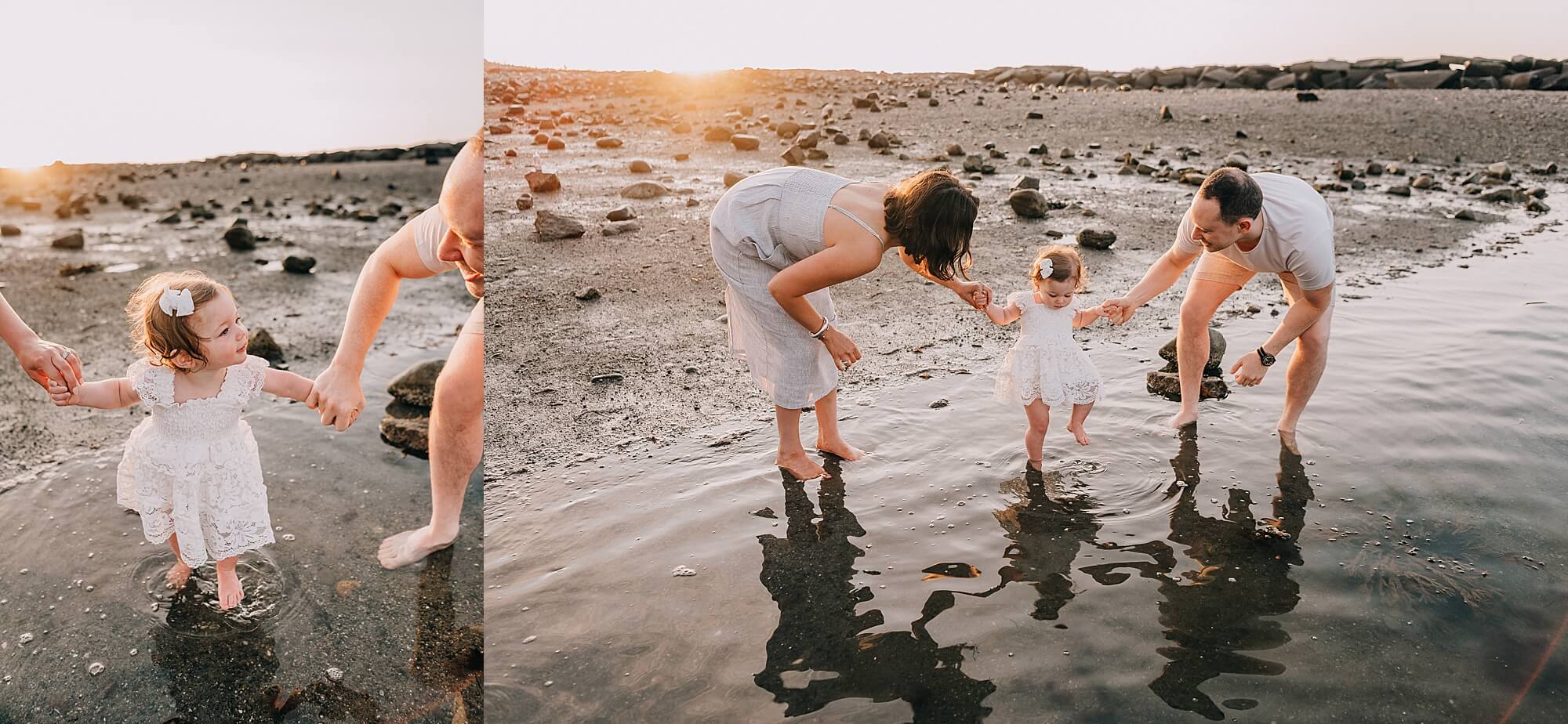 family explores the water at sunrise with their toddler