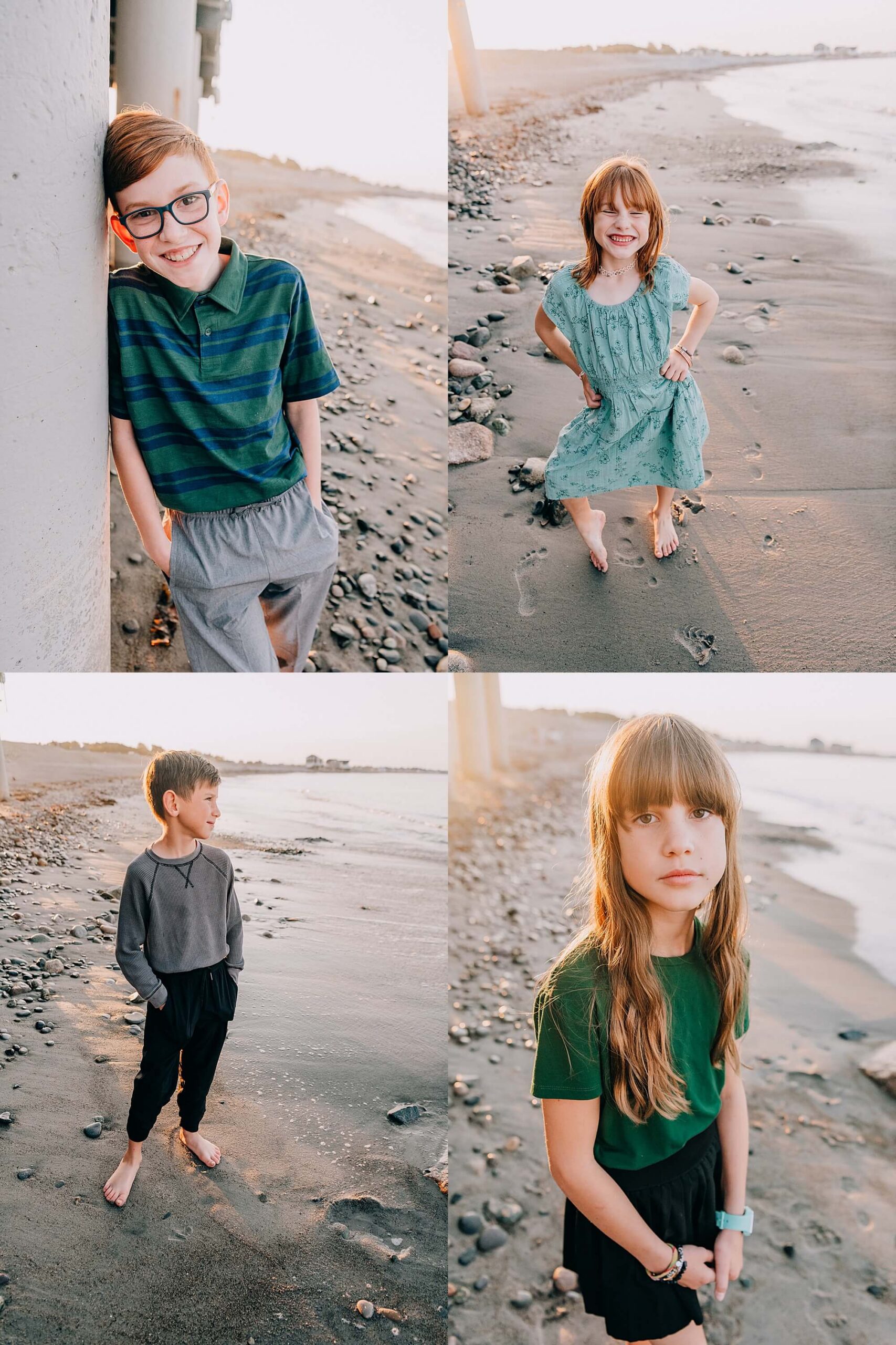 Kids pose for photos during their South Shore MA family photo session at Egypt Beach