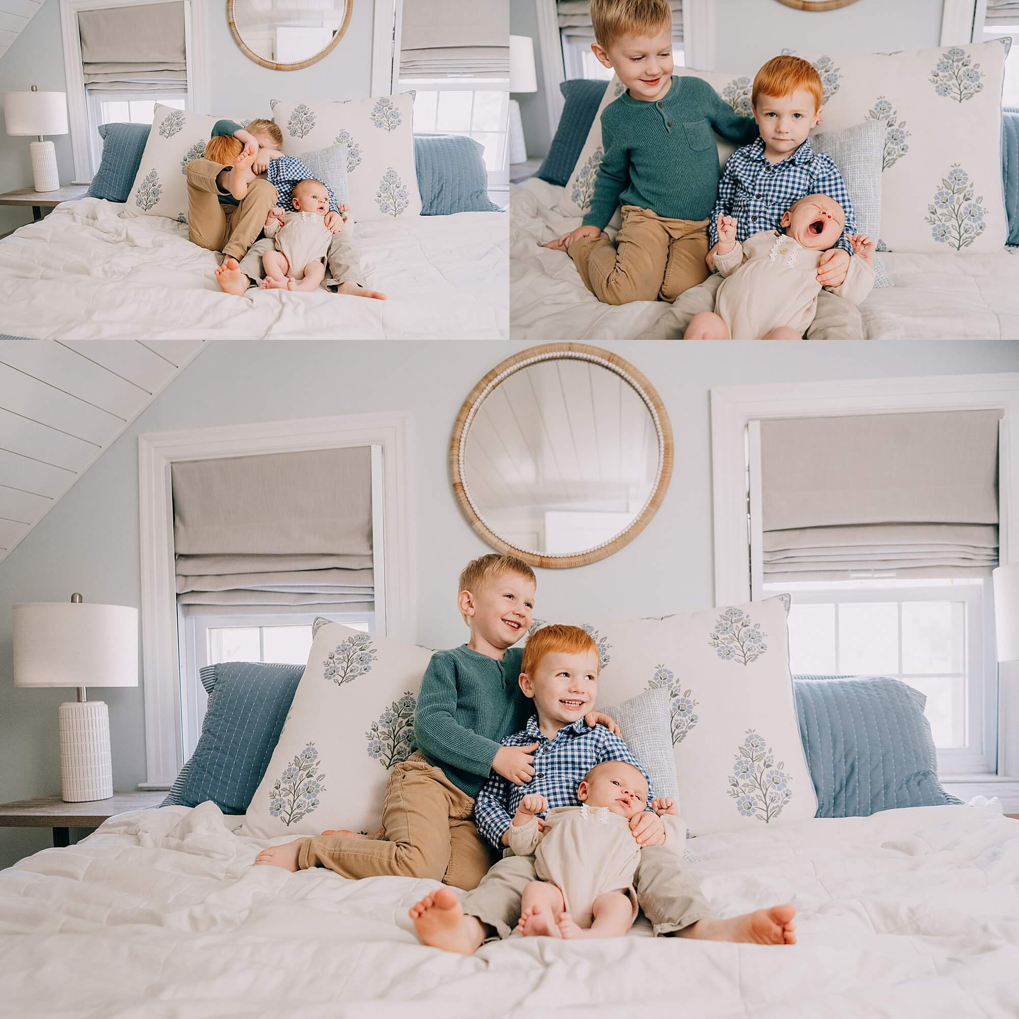 Brothers hold their baby sister during their family's newborn photo session