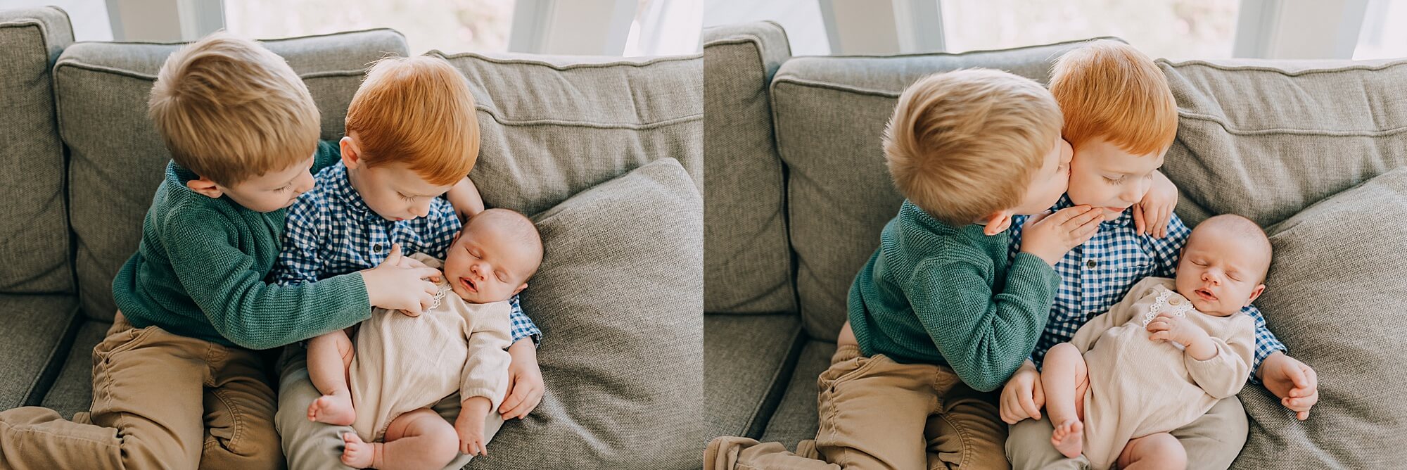 brothers sweetly observe their baby sister during their photo session with South Shore MA Newborn Photographer, Allison Wolf