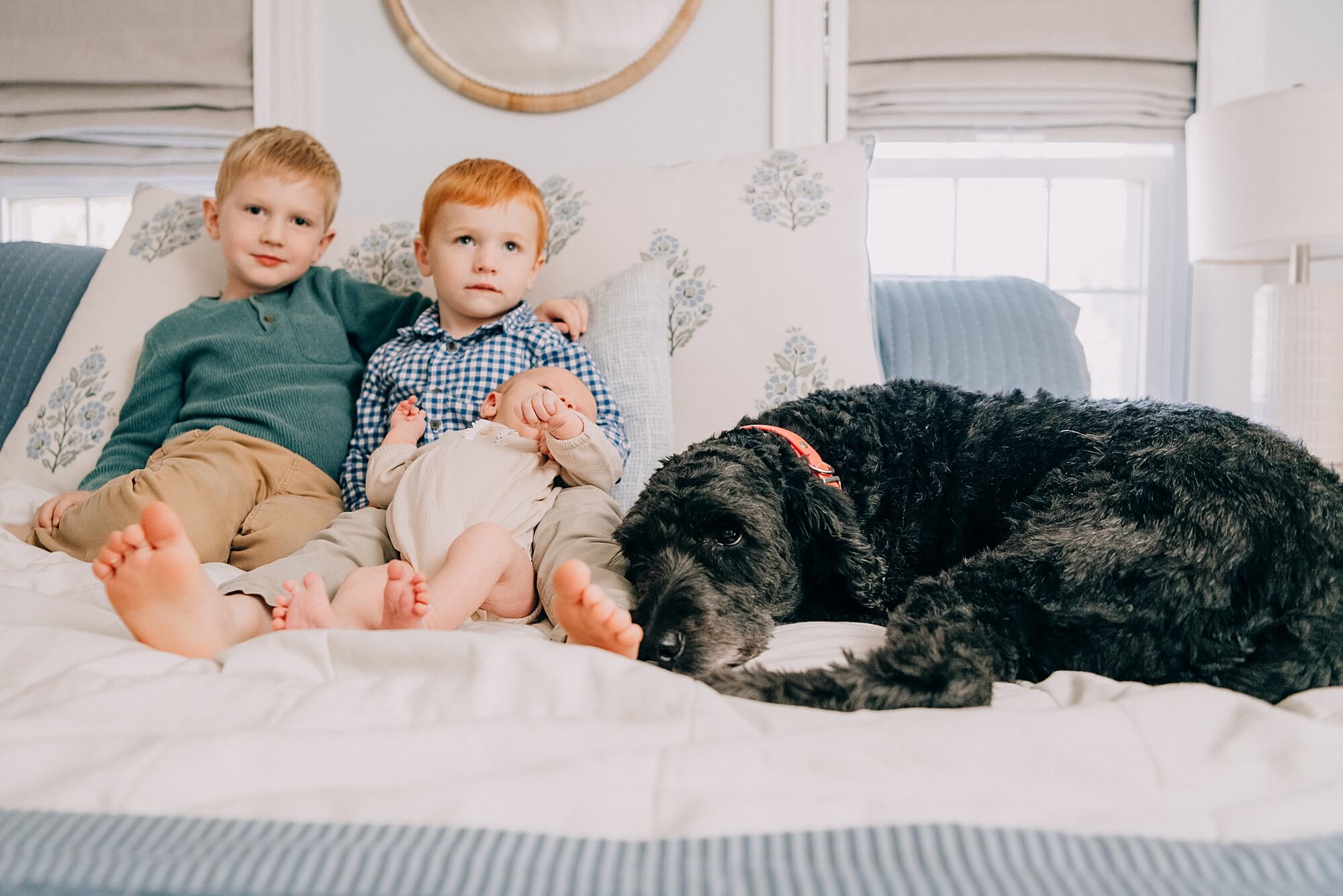 A dog snuggles up next to the children of the family
